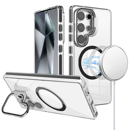 Phone Case for Samsung Galaxy S24 Ultra Magnetic Circle Transparent Tough Hybrid Camera Stand Guard Stand Shockproof Color Edge Rugged Grip Cover Black