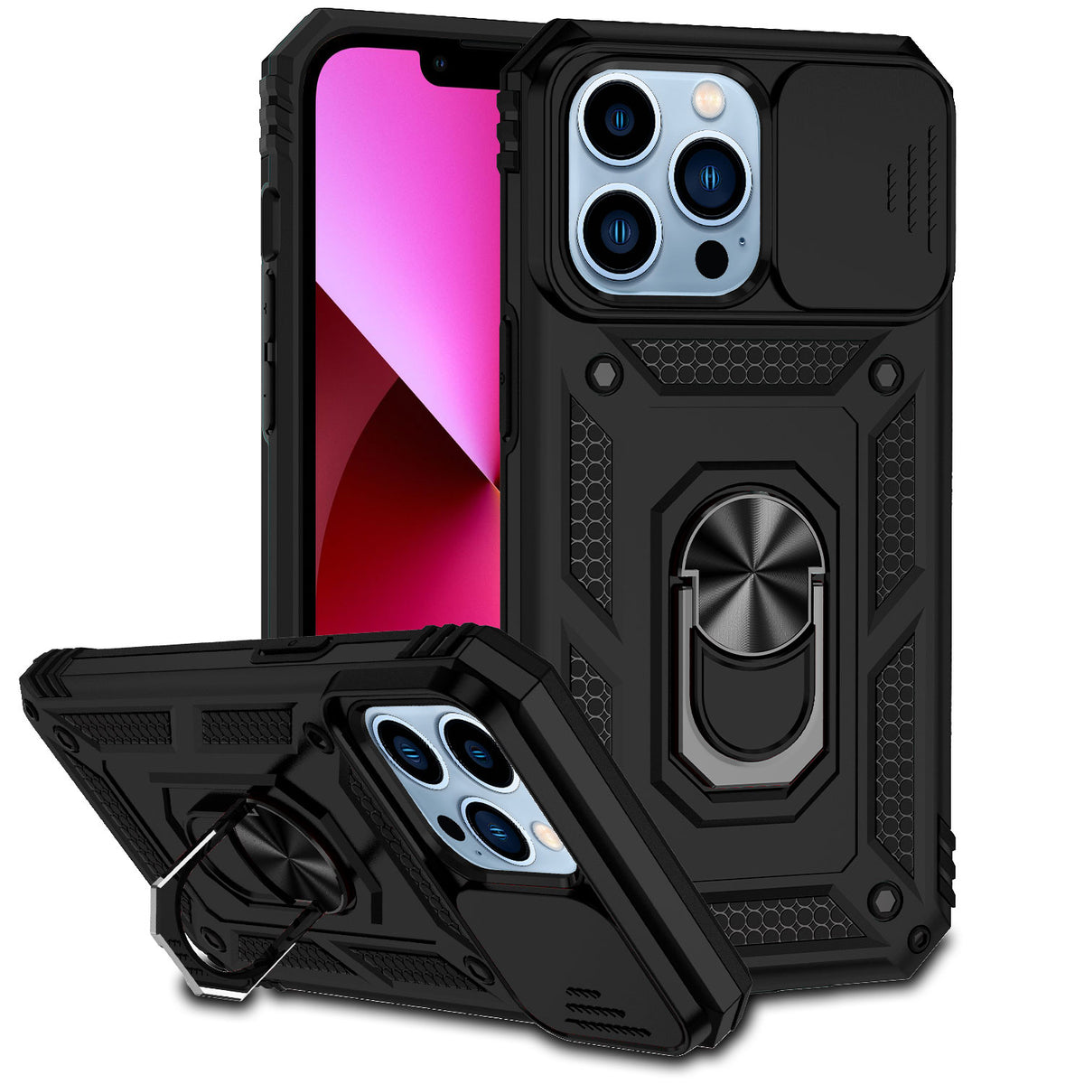 For iPhone 14/13 (6.1") Hybrid Ring Shockproof with 360° Rotate Ring Kickstand, Camera Lens Protection, Soft Edge Bumper Case Cover Black