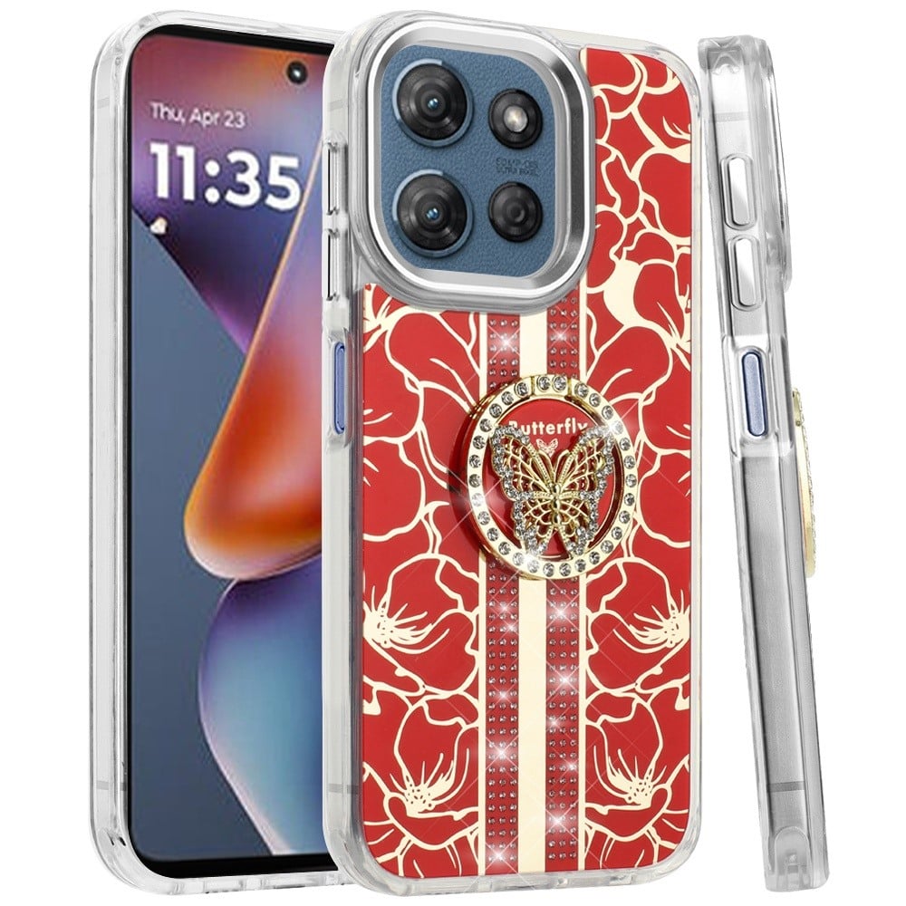 For Motorola Moto G 5G 2026/2025 Diamonds 3D Butterfly Floral Design Bling Sparkly Glitter Hybrid Metal Fashion with Ring Stand Case Cover