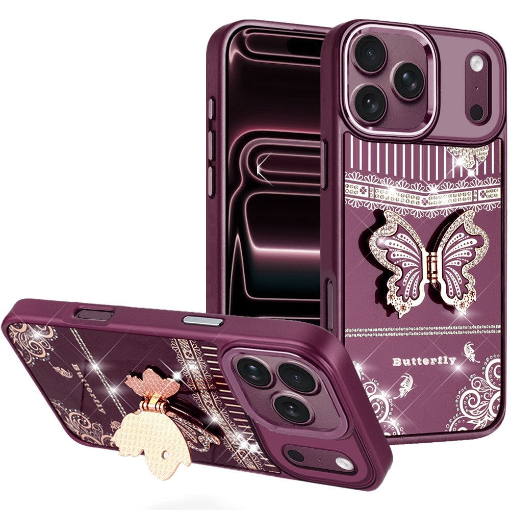 Phone Case for Apple iPhone 18 Pro/ 17 Pro Glitter Bling Butterfly Stand Metallic Edge Hybrid Shockproof Grip Durable Camera Protection Stylish Design Cover Purple
