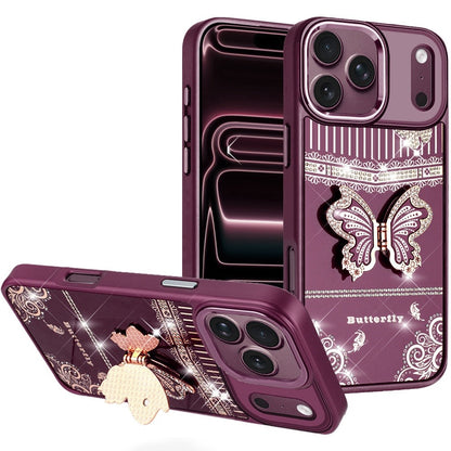 Phone Case for Apple iPhone 18 Pro/ 17 Pro Glitter Bling Butterfly Stand Metallic Edge Hybrid Shockproof Grip Durable Camera Protection Stylish Design Cover Purple