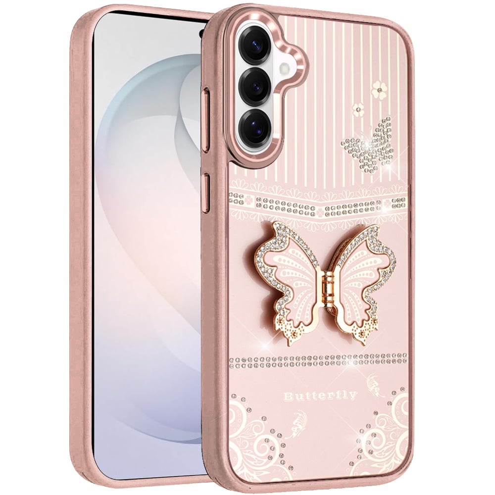 Phone Case for Samsung Galaxy S26 FE /Fan Edition Glitter Bling Butterfly Stand Metallic Edge Hybrid Shockproof Grip Durable Camera Protection Stylish Design Cover