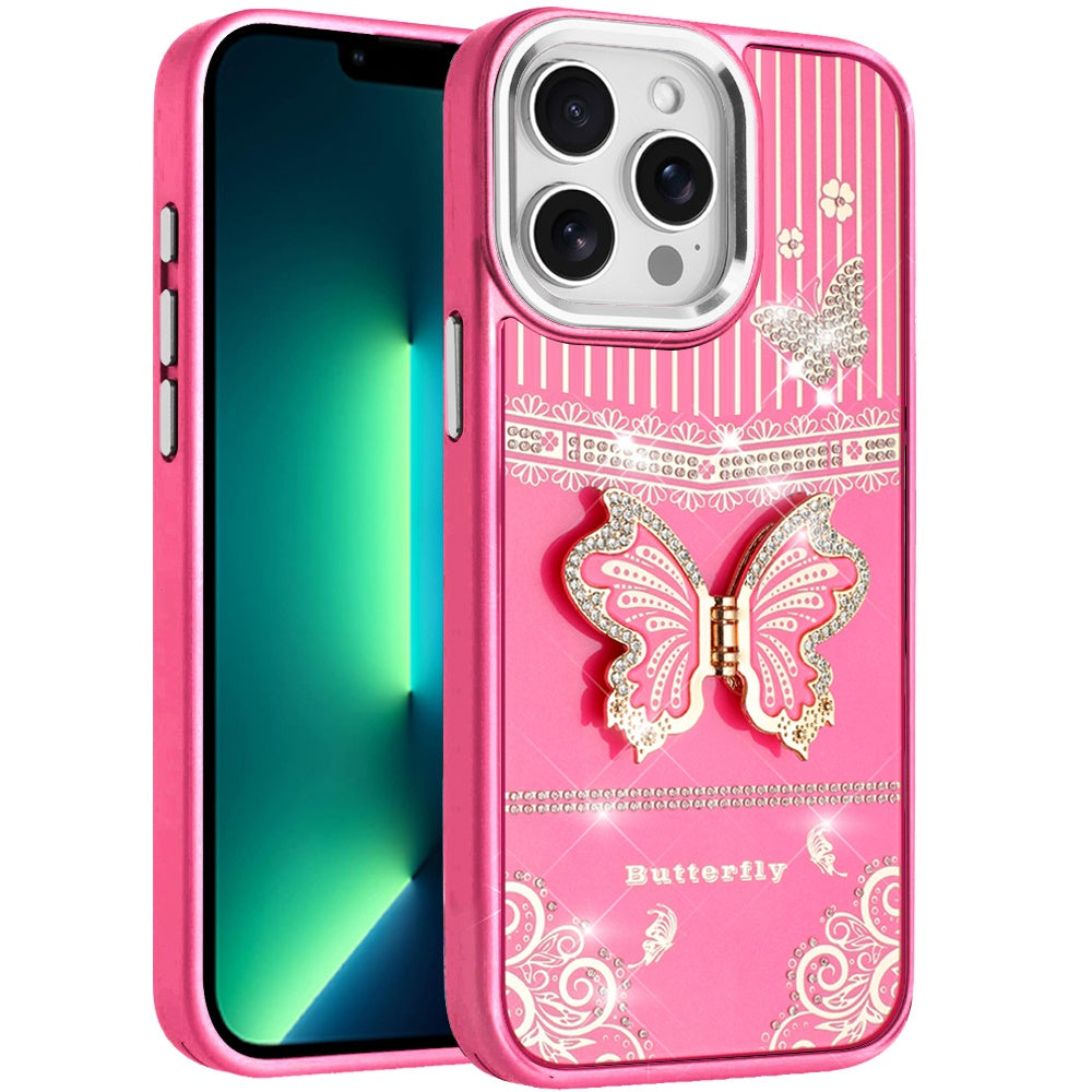 For Apple iPhone 13 Pro Max Glitter 3D Butterfly Design Bling Metallic Edge Hybrid Stand Drop Protection TPU Shockproof Case Cover Dark Purple