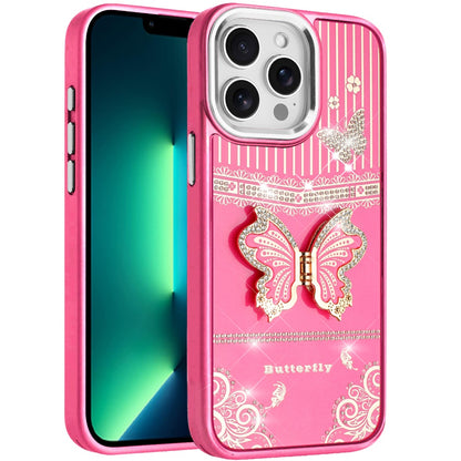 Phone Case for Apple iPhone 13 Pro Max Glitter Bling Butterfly Stand Metallic Edge Hybrid Shockproof Grip Durable Camera Protection Stylish Design Cover Hotpink