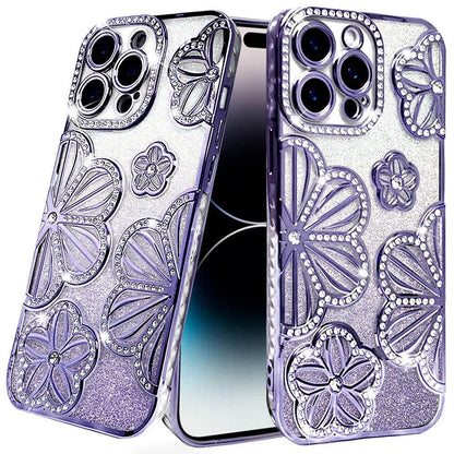 For Apple iPhone 13 Pro Max Luxury Floral Design Sparkle Glitter Diamond Crystal Rhinestone Shimmer Bling Plating Thick TPU Hard PC Case Cover