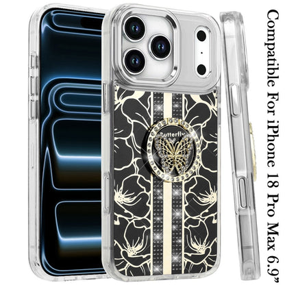 Phone Case for Apple iPhone 18 Pro Max Floral Butterfly Ring Stand Glitter Bling Shockproof Hybrid Luxury Fashion Protective Anti Slip Durable Grip Cover