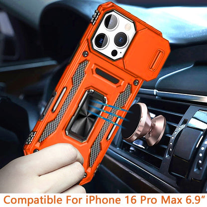 For iPhone 16 Pro Max (6.9") Tough Hybrid Case with Movable Camera Window & Metal Ring Stand Shockproof Case Cover Cosmic Orange
