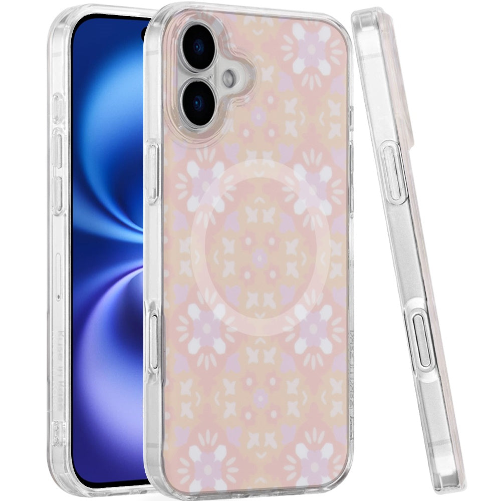 For Apple iPhone 17 Pro Stylish Pattern Fashion IMD Printed Design TPU Double Layer Slim Shockproof with Magnetic Back Case Cover Flowers Pink Gradient