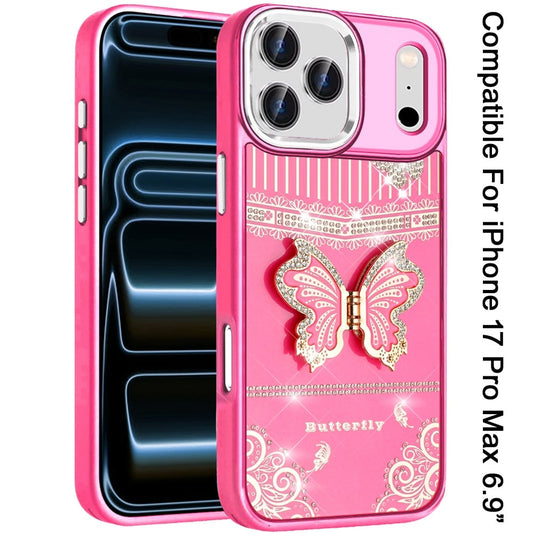 Phone Case for Apple iPhone 17 Pro Max Glitter Bling Butterfly Stand Metallic Edge Hybrid Shockproof Grip Durable Camera Protection Stylish Design Cover Hotpink