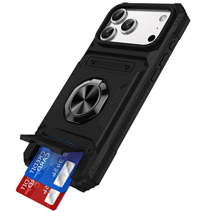 Phone Case for Apple iPhone 18 Pro Max Multi Functional Card Slot Shockproof Metal Ring Hybrid Wallet Rugged Protective Grip Heavy Duty Durable Cover Black