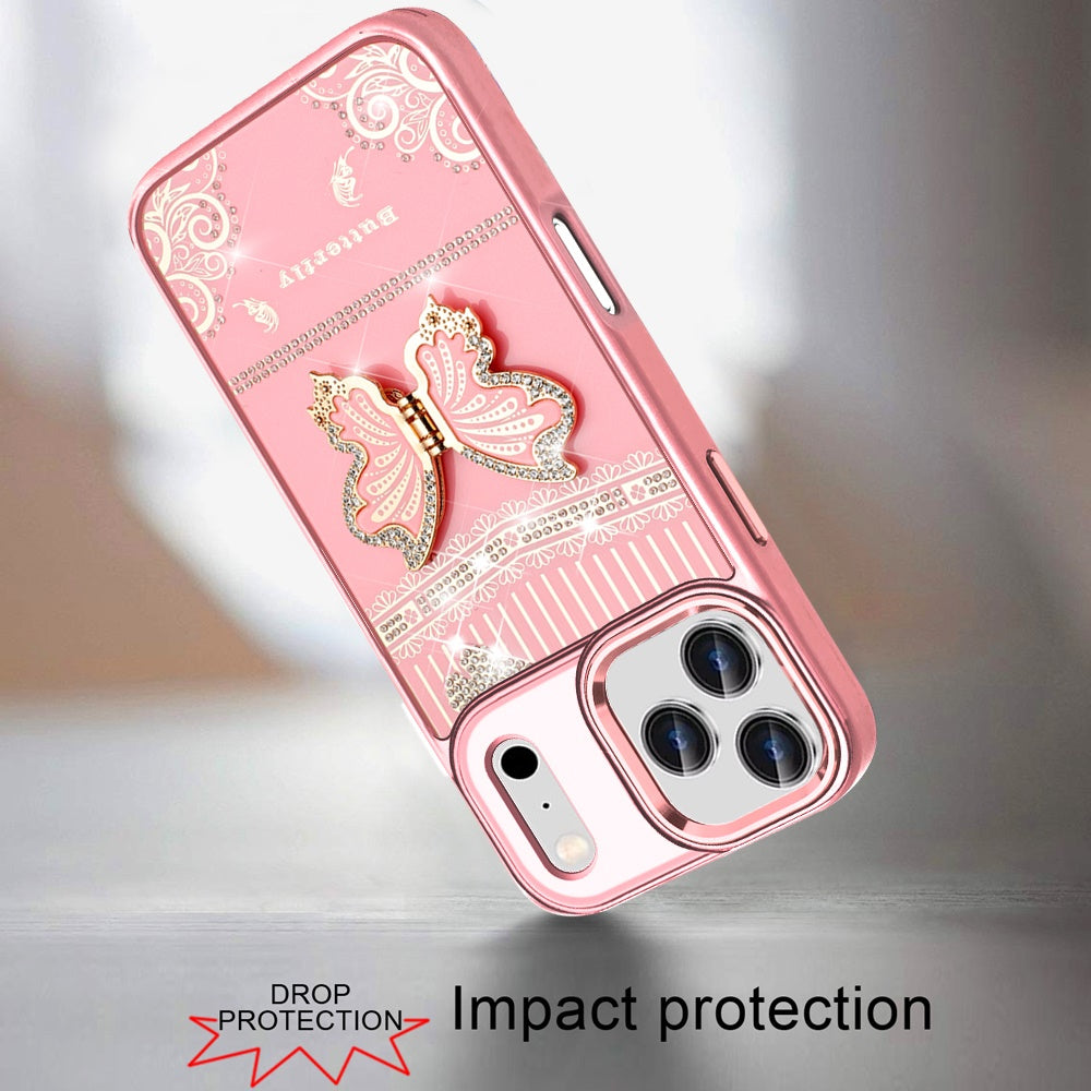 Phone Case for Apple iPhone 17 Pro Max Glitter Bling Butterfly Stand Metallic Edge Hybrid Shockproof Grip Durable Camera Protection Stylish Design Cover Light Pink