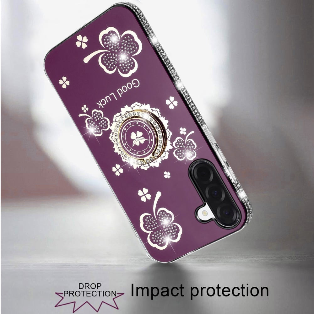 Phone Case for Samsung Galaxy A27 Glitter Diamond Ring Stand Sparkle Rhinestone Edge AntiSlip Kickstand Luxury Fashion Bumper Shockproof Cover Purple