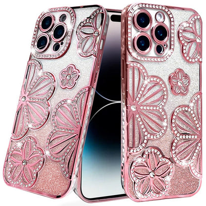 Phone Case for Apple iPhone 14 Pro Max Shimmer Glitter Floral Thick TPU Shockproof Durable Grip Camera Protection Anti-Scratch Stylish Design Cover Rose Gold