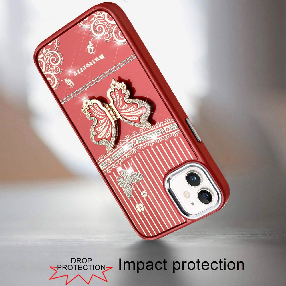 For Apple iPhone 11 Glitter 3D Butterfly Design Bling Metallic Edge Hybrid Stand Drop Protection TPU Shockproof Case Cover Cosmic Orange