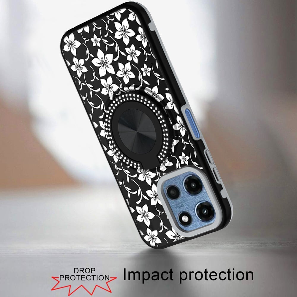 Phone Case for Motorola Moto G 5G 2026 / 2025 Magnetic Ring Stand Matte Metal Hybrid Car Mount Friendly Shockproof Rotational Grip Diamond Design Pattern Cover Classic Floral