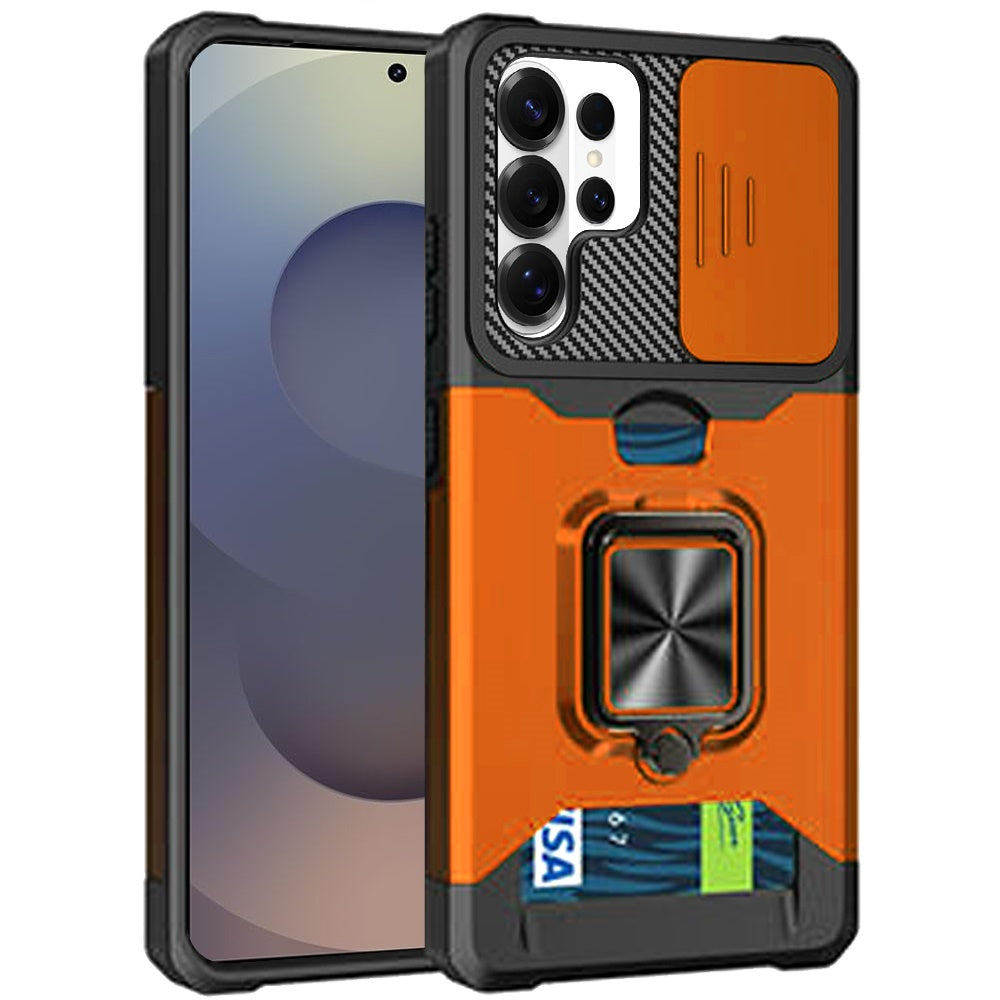 For Samsung Galaxy S25 Ultra Wallet Case with Ring Stand & Slide Camera Cover Back Credit Card Slot Holder, Military Grade Case Cover Cosmic Orange