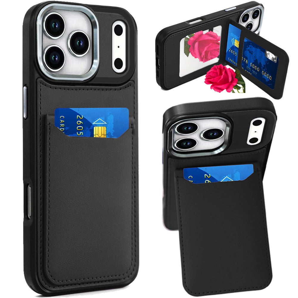 For Apple iPhone 17 Pro (6.3") PU Leather Wallet Cover with Credit Card Holder, Kickstand & Mirror Inside Slim Fit TPU & PC Hybrid Design Case Cover