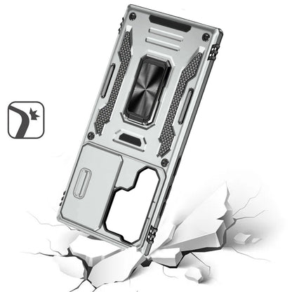 Phone Case for Samsung Galaxy S24 Ultra Tough Metal Ring Shockproof Sliding Camera Window Hybrid Armor Rugged Anti Slip Heavy Duty Grip Cover