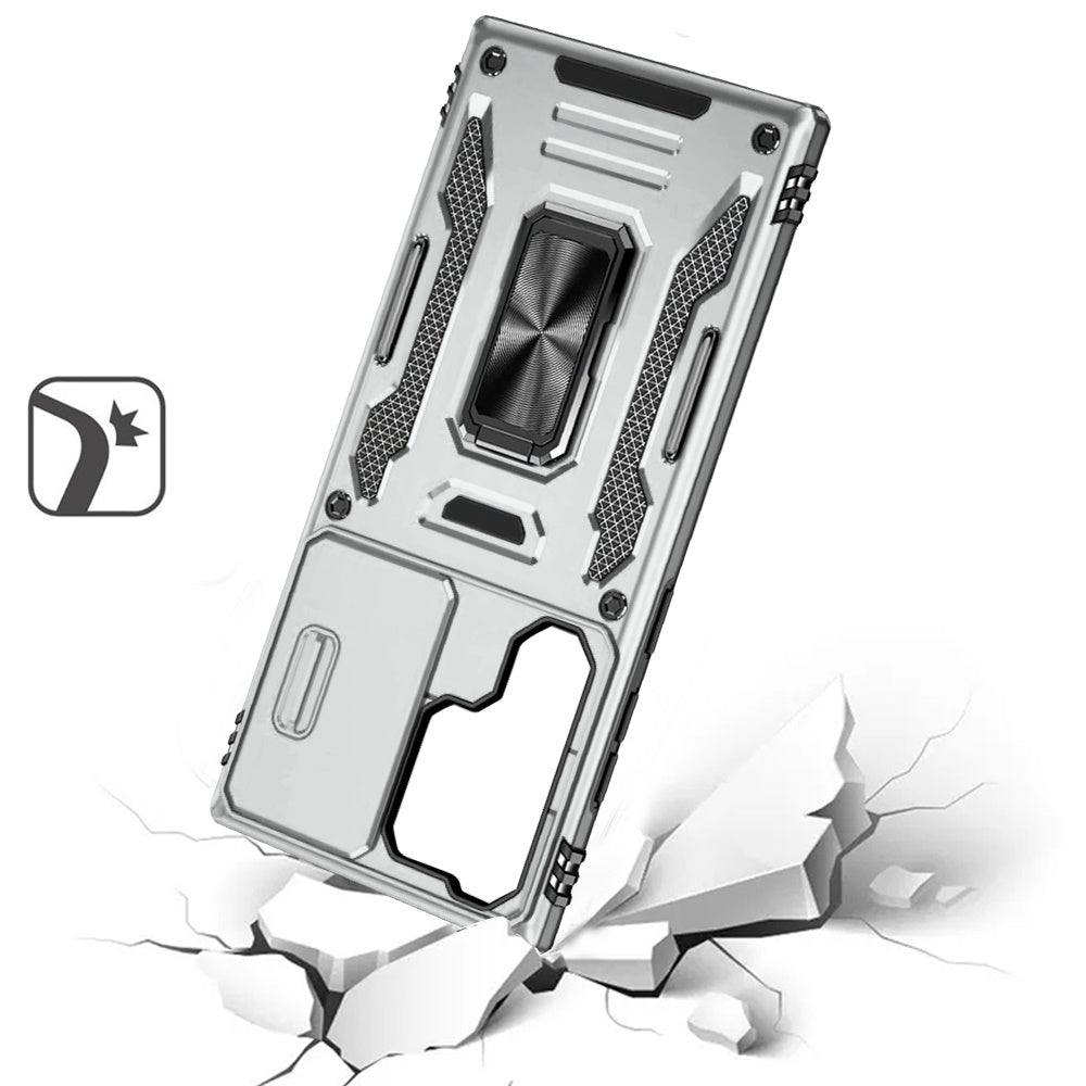 Phone Case for Samsung Galaxy S24 Ultra Tough Metal Ring Shockproof Sliding Camera Window Hybrid Armor Rugged Anti Slip Heavy Duty Grip Cover