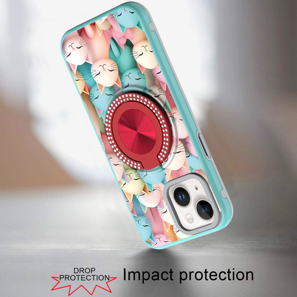Phone Case for iPhone 15 Magnetic Ring Stand Matte Metal Hybrid Car Mount Friendly Shockproof Rotational Grip Diamond Design Pattern Cover