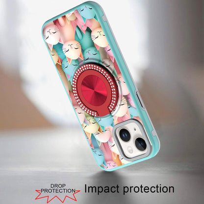 Phone Case for iPhone 15 Magnetic Ring Stand Matte Metal Hybrid Car Mount Friendly Shockproof Rotational Grip Diamond Design Pattern Cover