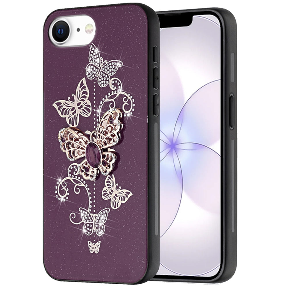 Phone Case for Apple iPhone 17E /16E /SE4 Diamond Glitter 3D Butterfly Engraved Luxury Bling Hybrid Shockproof Chrome Edge Protective Durable Grip Cover Purple