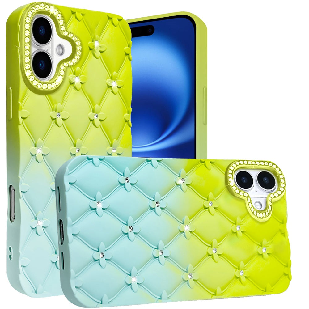 For Apple iPhone 17 (6.3") Fashion Flower Design Sparkle Glitter Shimmer Rhinestone Bling Floral Accents, Leather Texture TPU Case Cover