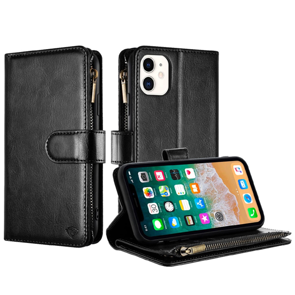 For Apple iPhone 16 Pro Max (6.9") Premium Leather Zipper Wallet with Credit Card Slots Money Pocket Luxury Clutch Pouch Stand & Strap Case Cover Black