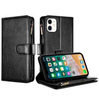For Apple iPhone 16 Pro Max (6.9") Premium Leather Zipper Wallet with Credit Card Slots Money Pocket Luxury Clutch Pouch Stand & Strap Case Cover Black