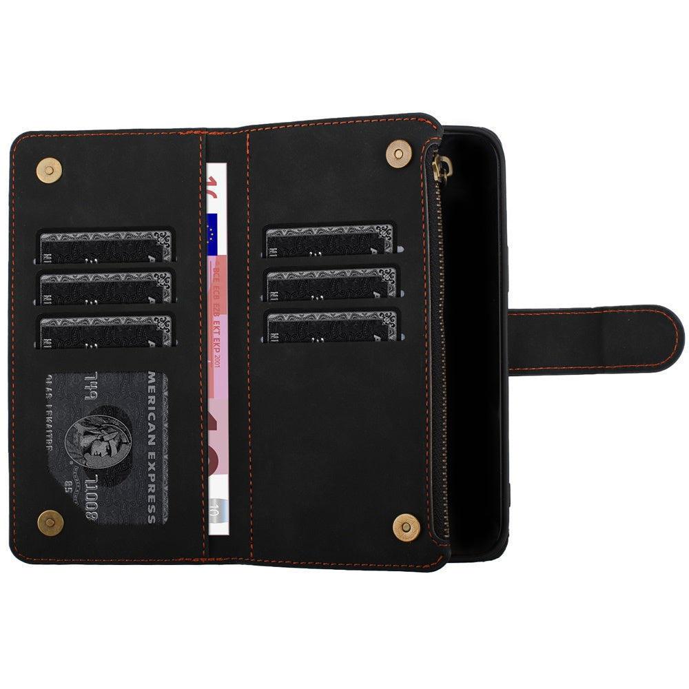 PU Leather Wallet Design Jewel Bling with Credit Card Holder Flip Folio Pouch Zipper Purse Wrist Strap