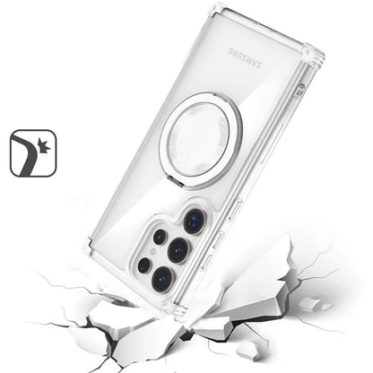 Phone Case for Samsung Galaxy S23 Ultra Magnetic Shockproof 360 Degree Rotational Ring Stand Protective Transparent Design Cover Clear