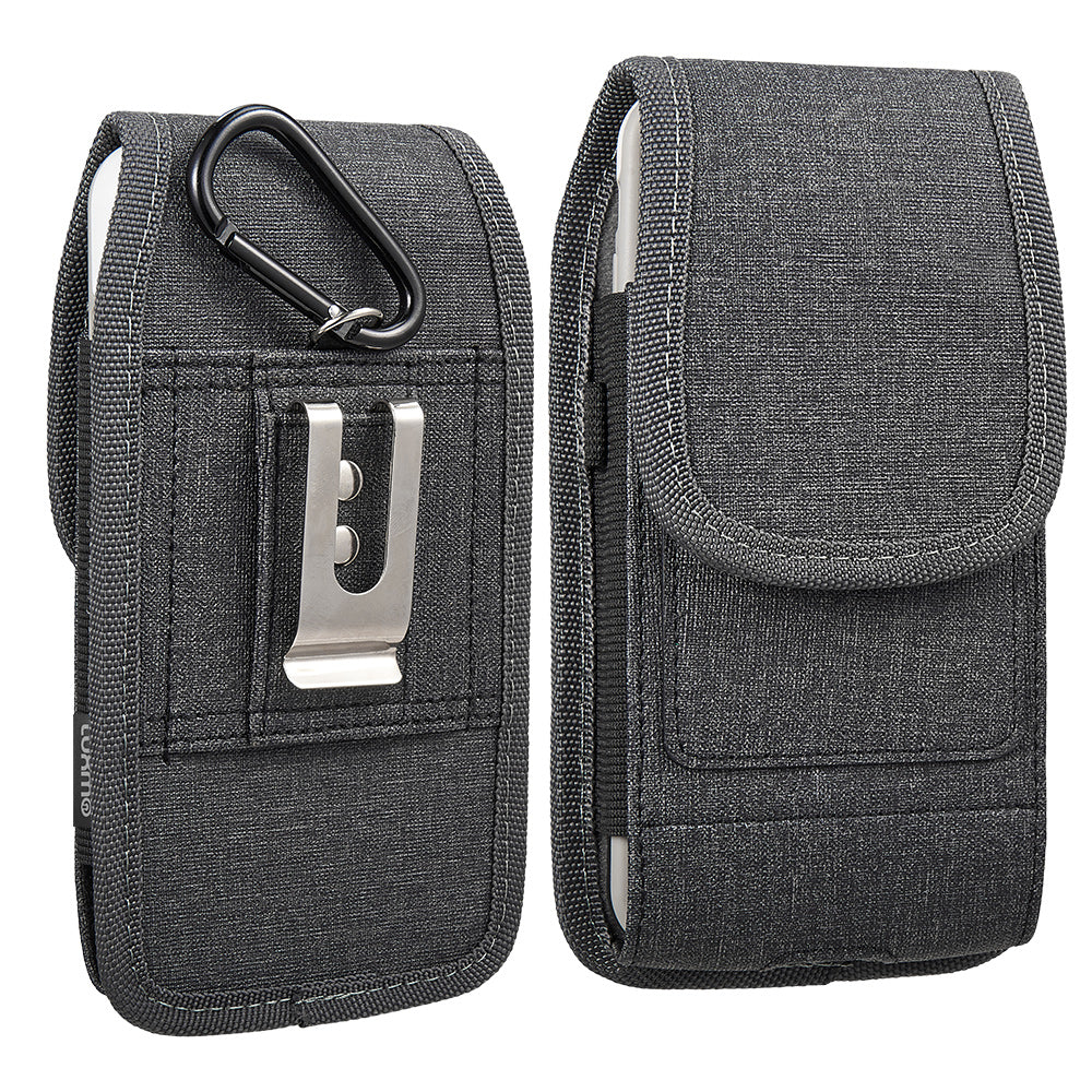 For Apple iPhone 16 Pro (6.3") Universal Vertical Fabric Case Holster with Dual Credit Card Slots, Belt Loop & Carabiner Carrying Phone Pouch [Black]