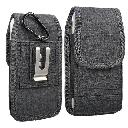 For Apple iPhone 16 Pro (6.3") Universal Vertical Fabric Case Holster with Dual Credit Card Slots, Belt Loop & Carabiner Carrying Phone Pouch [Black]