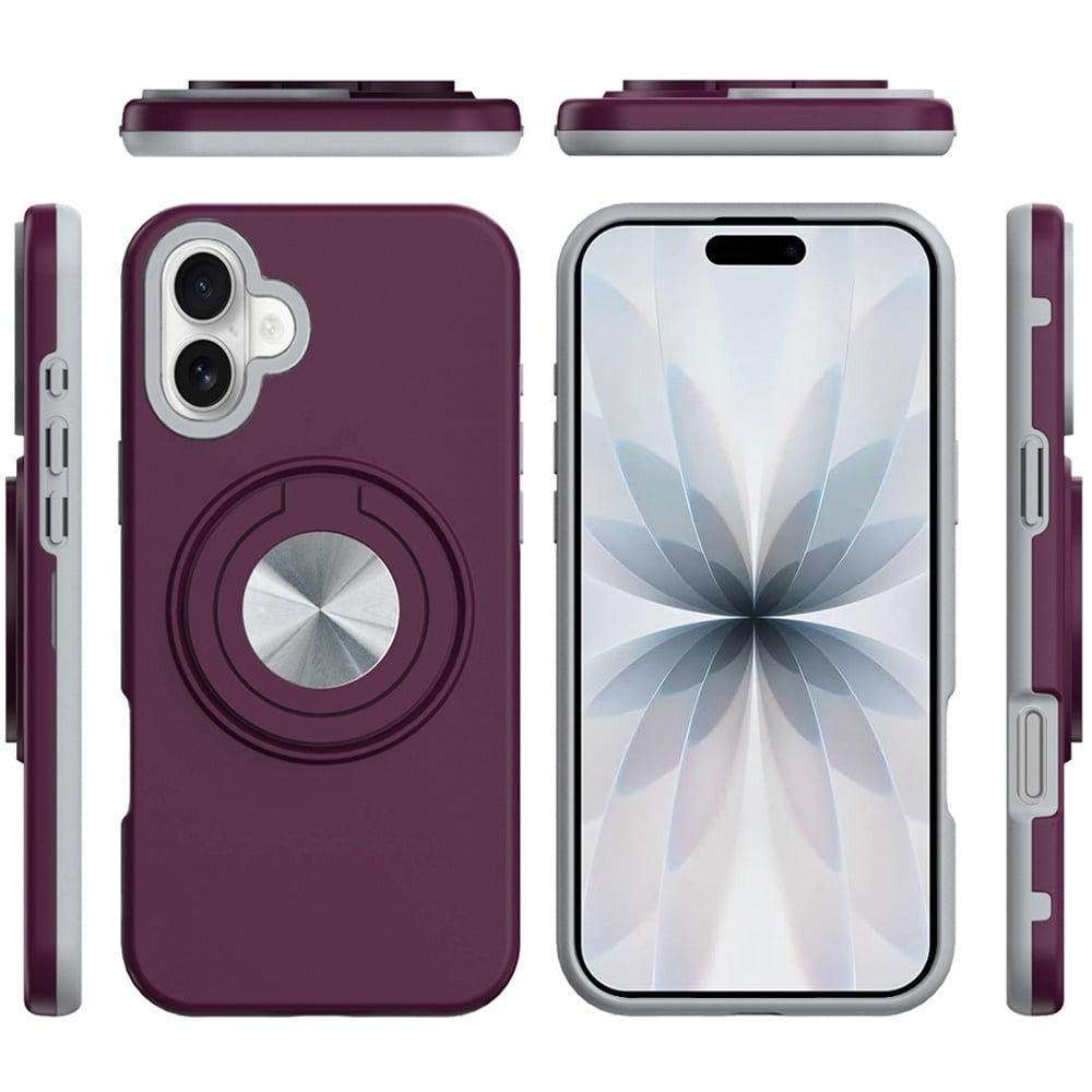 Phone Case for Apple iPhone 17 (6.3") Shockproof Magnetic Ring Stand Rotating CarMount Hybrid Metal Matte Finish AntiSlip Grip Kickstand Cover Red