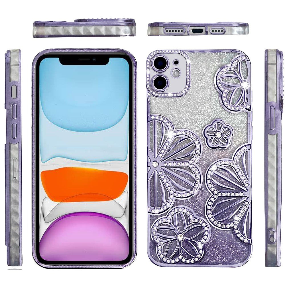 For Apple iPhone 11 Luxury Flower Design Sparkle Glitter Diamond Rhinestone Shimmer Bling Plating Thick TPU Hard PC Case Cover