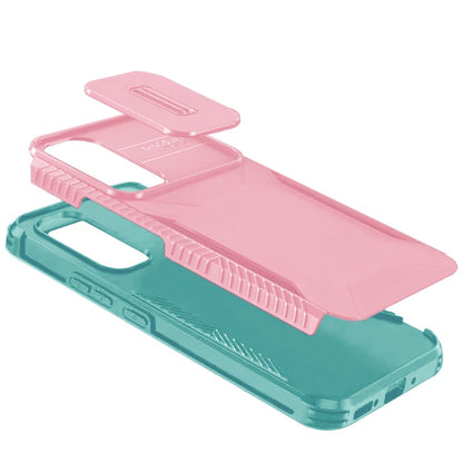 For Samsung Galaxy A16 5G Slim Fit Shockproof Hybrid with Slide Camera Window Covering, Rugged Tpu Silicone Hard PC Bumper Case Cover Pink-Teal