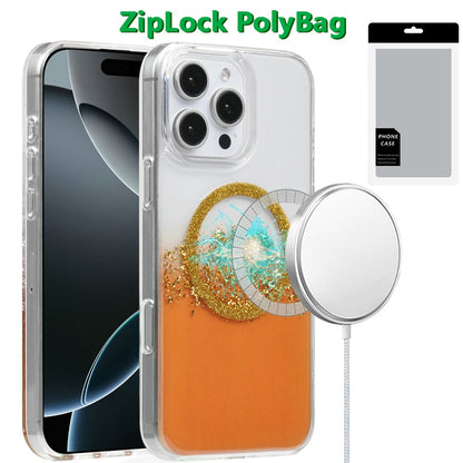 For Apple iPhone 16 Pro Glitter Epoxy Magnetic Hybrid Shockproof Protection Clear Back Secure Grip Stylish Durable Design Case Cover Orange