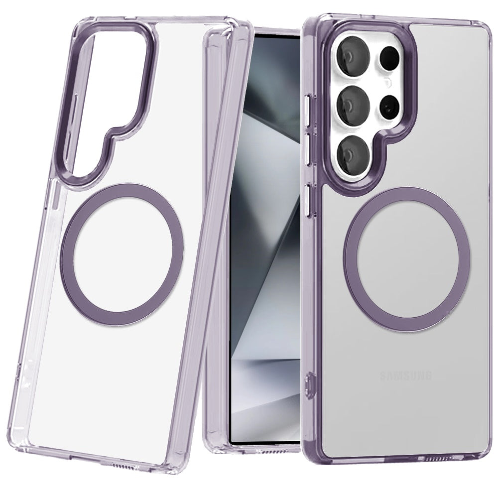 For Samsung Galaxy S23 Ultra Transparent Back Hybrid Case - Magnetic Circle, Color Frame, Metal Buttons, MagSafe Compatible Case Cover