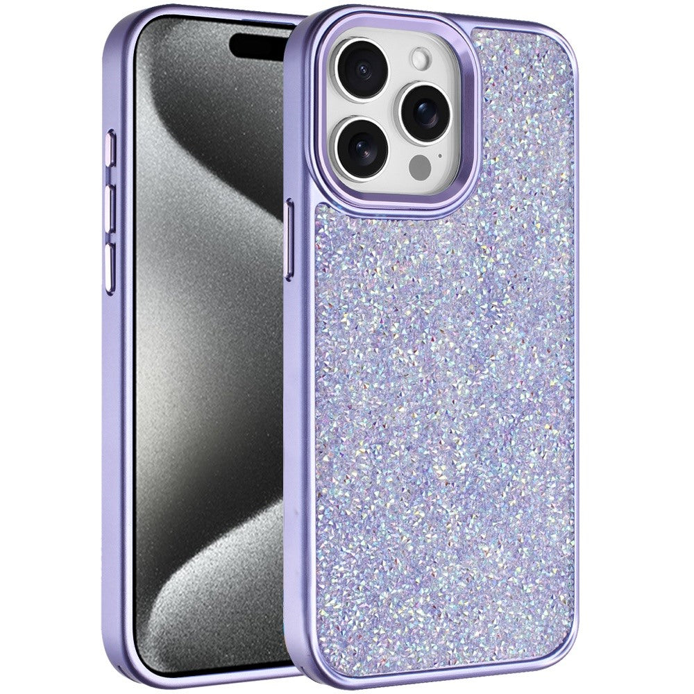 For Apple iPhone 15 Pro Max Crystal Sparkle Diamond Glass Full Mini Glitter Bling Frame TPU Hybrid Protective Case Cover