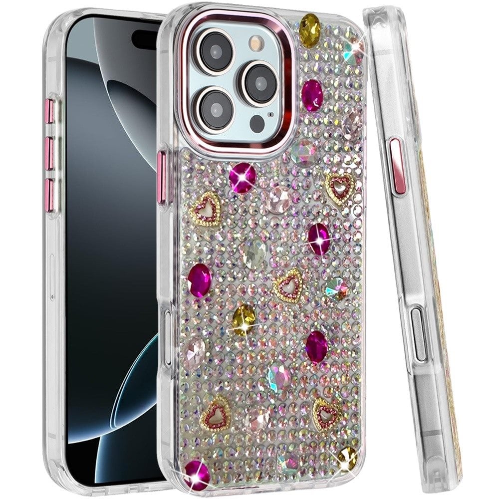 Phone Case for Apple iPhone 16 Pro Chrome Fashion Hybrid Bling Diamond Heart Rhinestone Decorative Stones Sparkling Embellished Design Cover