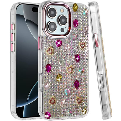 Phone Case for Apple iPhone 16 Pro Chrome Fashion Hybrid Bling Diamond Heart Rhinestone Decorative Stones Sparkling Embellished Design Cover