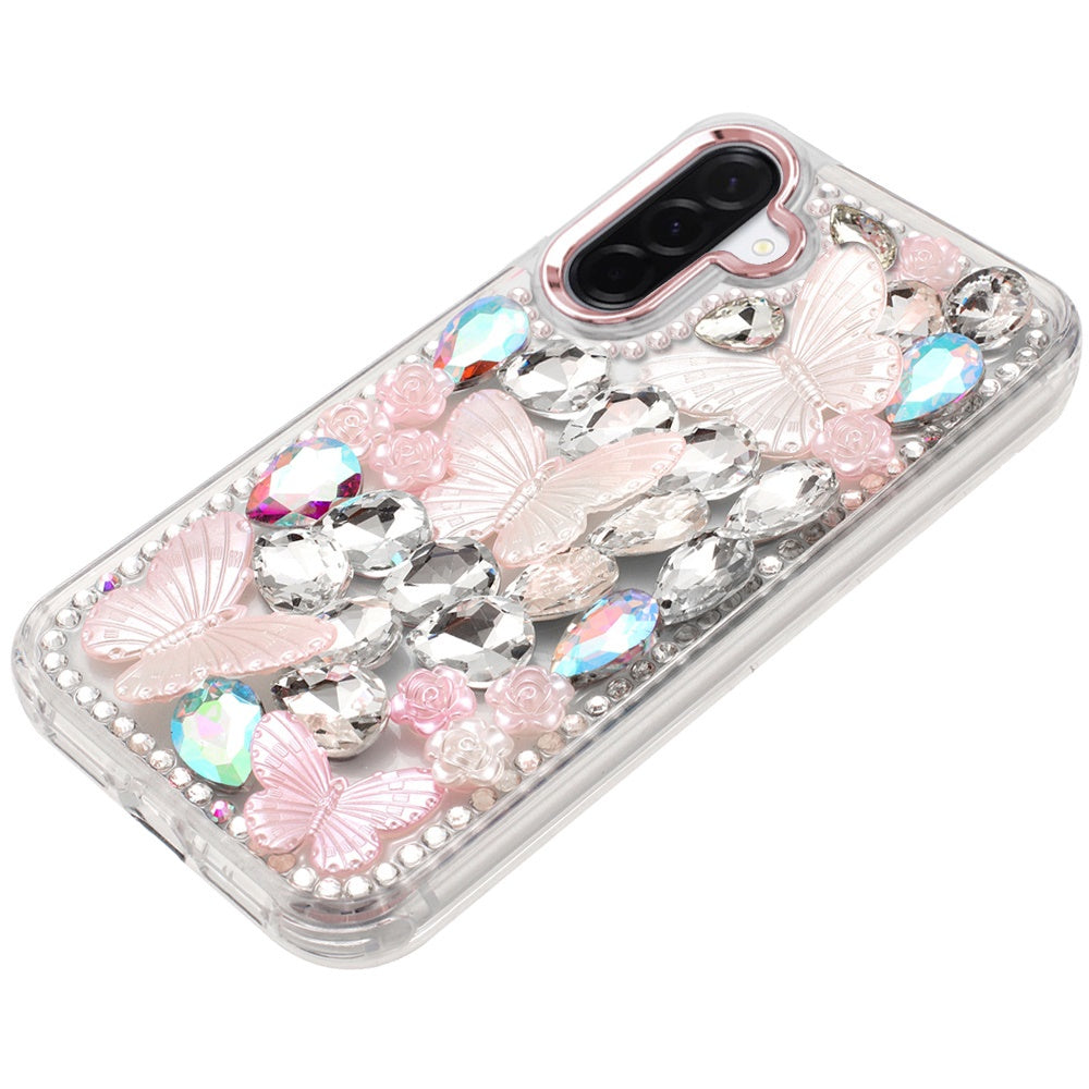 Phone Case for Samsung Galaxy A27 Luxury 3D Floral Butterfly Bling Rhinestone Glitter Shockproof Stylish Protective Hybrid Designer Metallic Cover