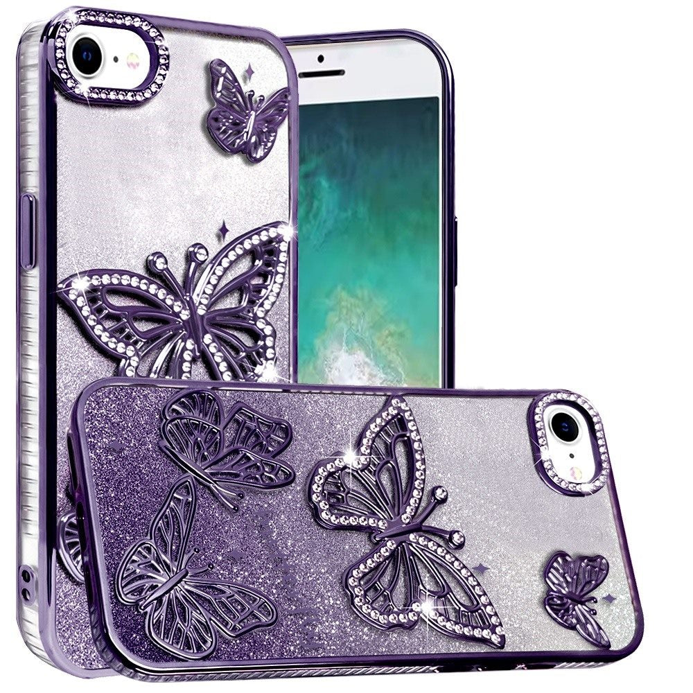 For Apple iPhone 17E /16E Luxury Butterfly Sparkle Glitter Diamond Crystal Rhinestone Shimmer Bling Plating Thick TPU Hard PC Case Cover