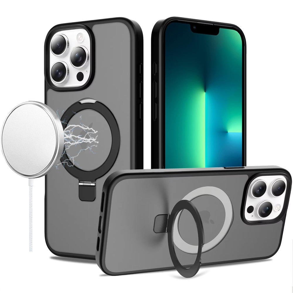 Phone Case for Apple iPhone 13 Pro Max Magnetic Ring Stand Full Rotation Matte Shockproof Grip Anti Slip Durable Camera Protection Hybrid Cover Black