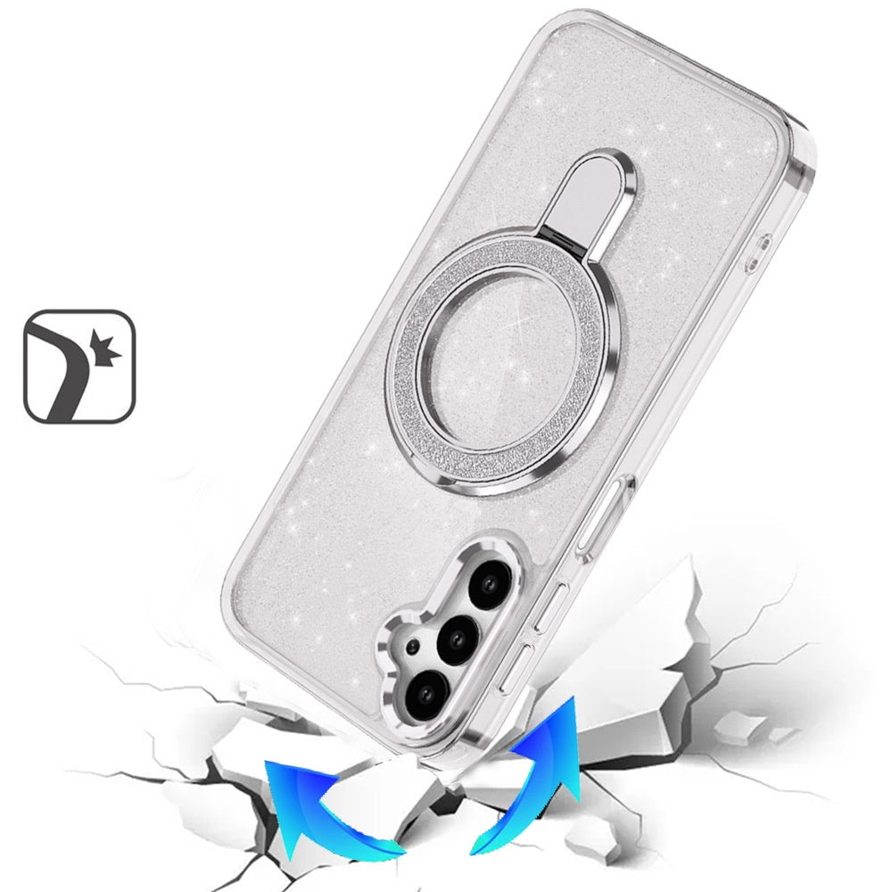 For Apple iPhone 16 Pro Max Transparent Glitter Bling Case with Rotating Magnetic Ring Stand, Shockproof Hybrid Case Cover Clear