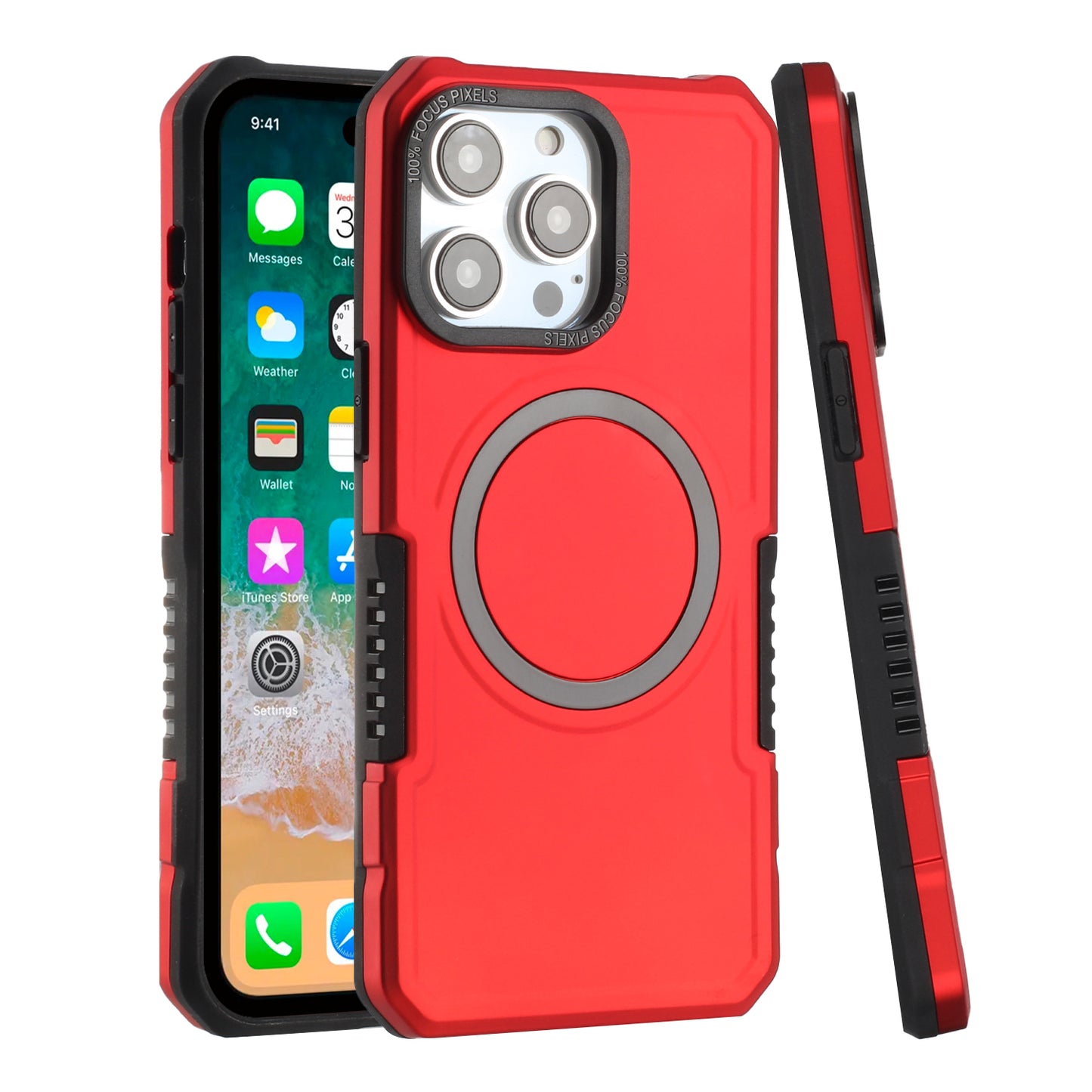 For Apple iPhone 16 (6.1") Hybrid Armor Grip Metal Ring Compatible with MagSafe [Magnetic Circle] Wireless Charging Shockproof Case Cover
