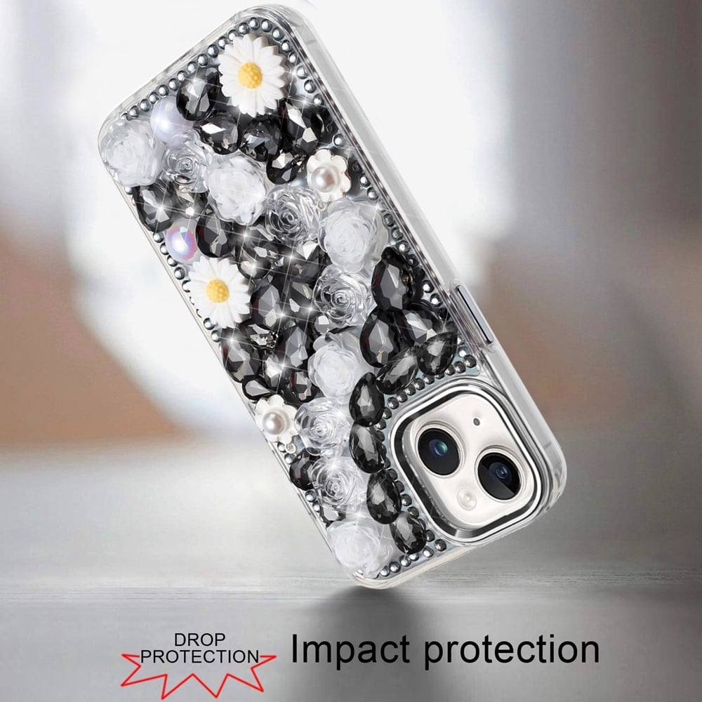 Phone Case for iPhone 15 Plus (6.7") Full Bling Rhinestone Glitter Floral Luxury Hybrid Shockproof Stylish Sparkling Protective Designer Ornament Cover