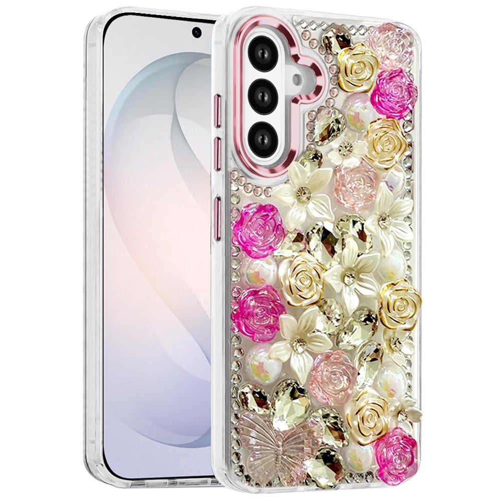Luxury Rose Bling Rhinestone Glitter Floral Hybrid Shockproof Stylish Protective Designer Ornament Sparkle