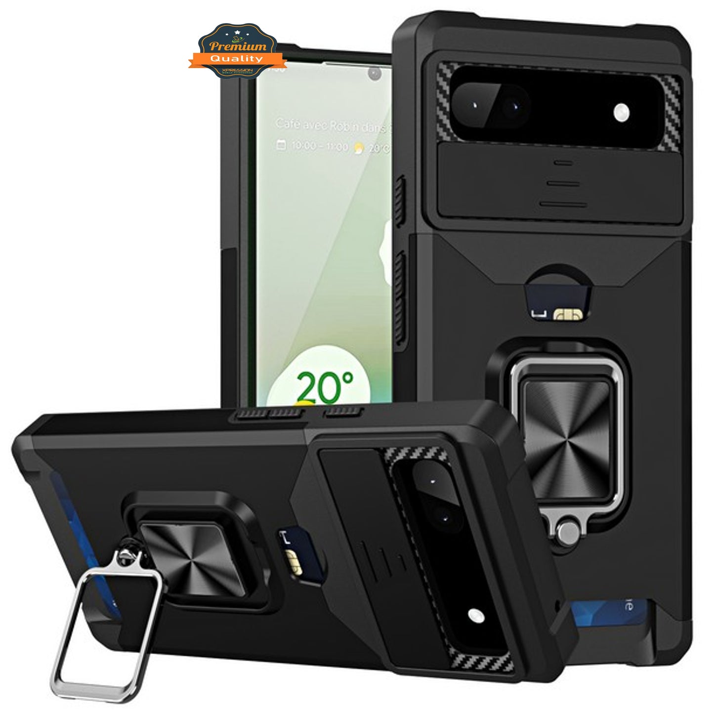 For Google Pixel 9A Wallet Case with Slide Camera Protector, Credit Card Slot, Ring Sand, Magnetic Car Mount Case Cover