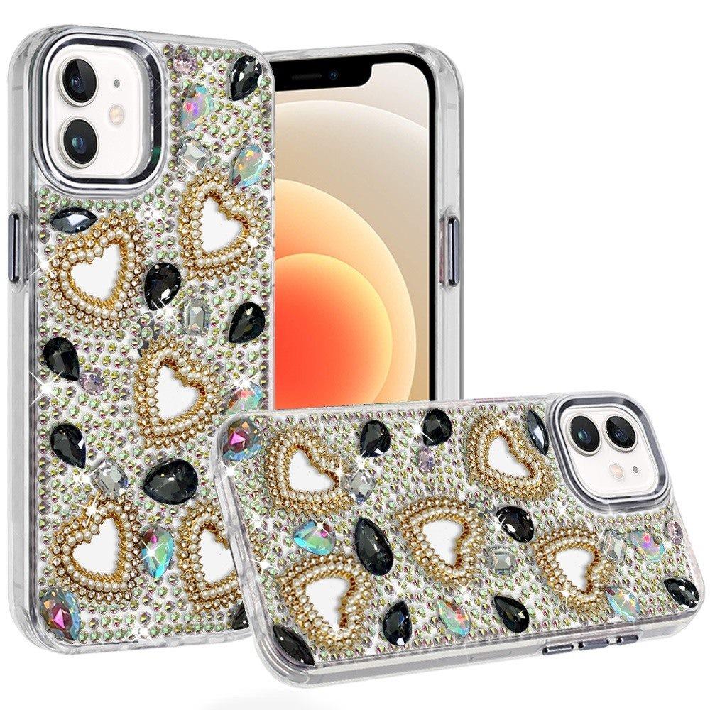 Phone Case for Apple iPhone 12 /12 Pro Luxury Crystal Heart Rhinestone Diamond Bling Shockproof Hybrid Glitter Protective Stylish Durable Grip Cover